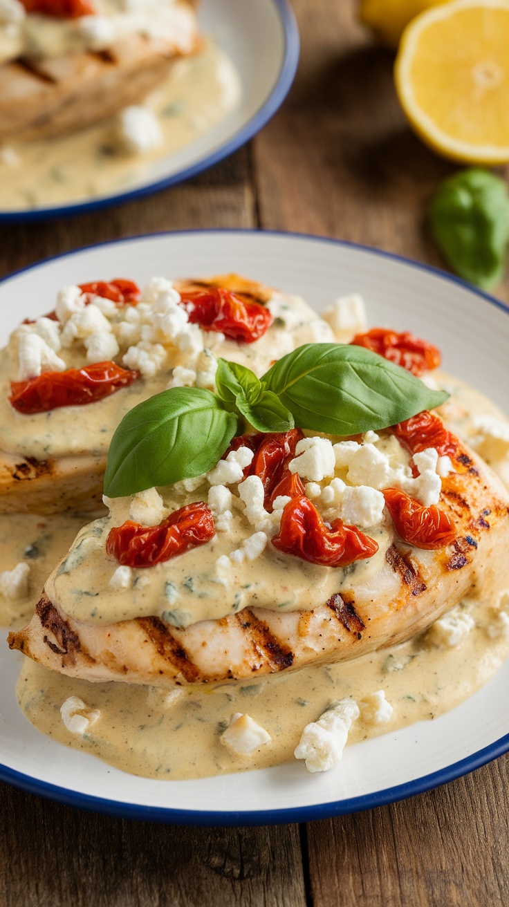Zesty Chicken Bryan with Lemon Basil Cream Sauce Plated Chicken Bryan with grilled chicken, lemon basil cream sauce, sun-dried tomatoes, and feta cheese.